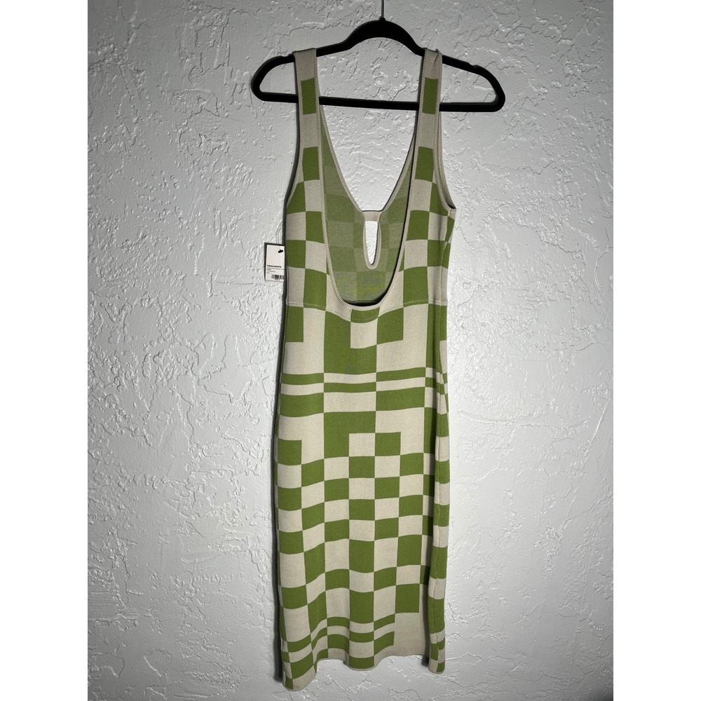 FORE Green Cream Checkerboard Knit Midi Dress Size L NWT Y2K Retro - Picture 2 of 5